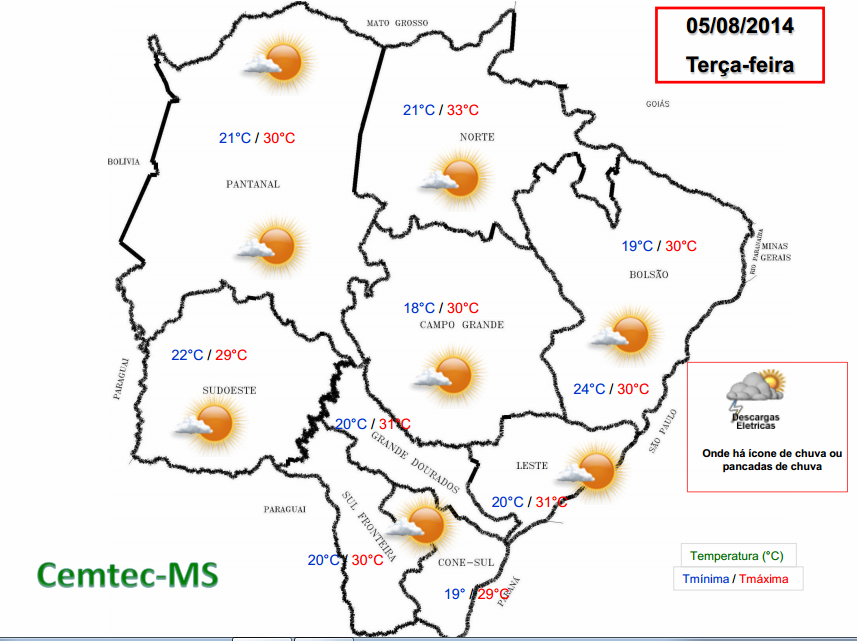 Mapa das temperaturas para terça-feira em todas as regiões de MS (Foto: Divulgação)