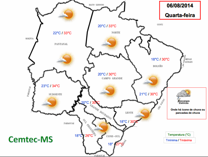 Mapa das temperaturas para quarta-feira em todas as regiões de MS (Foto: Divulgação)