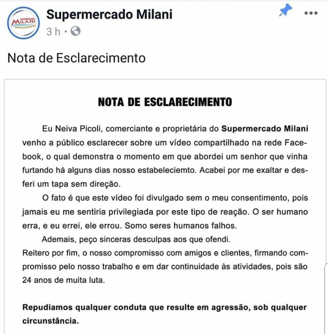 "Trabalhador e boa pessoa", pedreiro agredido em Matinhos teve problema com drogas após desemprego e abandono da família A nota divulgada por Neiva Picoli, dona do Supermercado Milani. Reprodução da internet