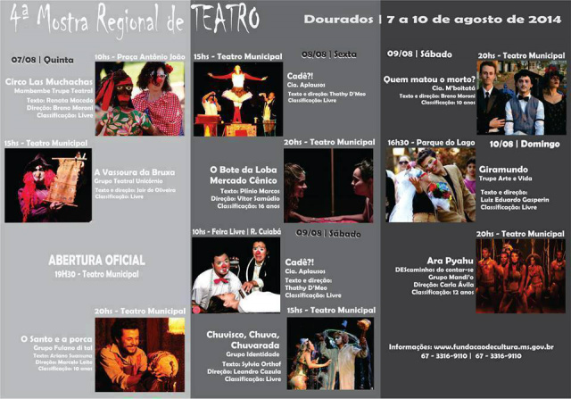 Espetáculo infantil do Grupo Identidade será apresentado na 4.ª Mostra Regional de Teatro de Dourados/MS A Mostra Regional, que acontece pela segunda vez em Dourados, reunirá 10 grupos de teatro que ocuparão diversos locais, como a Praça Antônio João, o Parque do Lago e o Teatro Municipal (Foto: Divulgação/Assecom)