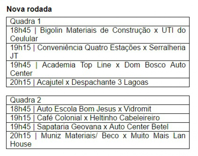 Na nova rodada do Campeonato de Futsal que acontece hoje, jogam as seguintes equipes. (Tabela: Assessoria)