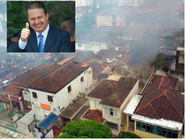 Candidato a Presidente morre em queda de avião em Santos O bairro onde a aeronave caiu sofreu sérios prejuízos, com vários imóveis danificados; no detalhe, Eduardo Campos, candidato que morreu (Foto: G1)
