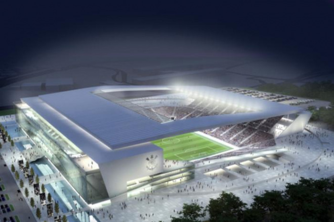 Previsão de como será a vista noturna de um jogo no novo estádio do Corinthians, em Itaquera