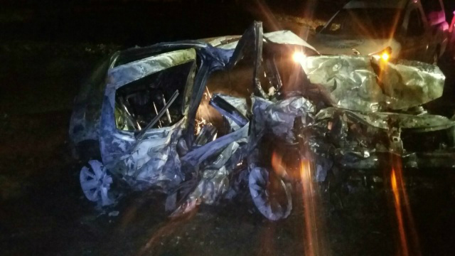 Dez morrem em estradas federais de MS; 5 eram crianças Renault Sandero da família três-lagoense pegou fogo. (Foto: Divulgação).