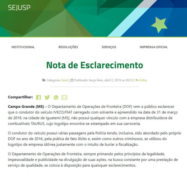 DOF apreende caminhão bitrem carregado de solvente para combustível Nota de esclarecimento enviada pelo DOF. Clique para ampliar