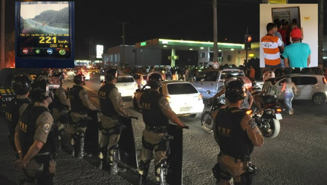 Batalhão da PRF postado em frente a um posto de combustíveis na avenida Ranulpho Leal, ondee havia grande concentração de pessoas: nos detalhes (esq.), flagrante de excesso de velocidade; (dir.) condutores, nesta manhã, na sede da PRF para resolver seus problemas (Foto: Léo Lima/PRF)