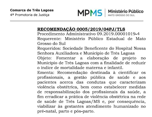 Ministério Público cobra ações do Nossa Senhora Auxiliadora, Prefeitura e entidades para reduzir casos de violência obstétrica Trecho do documento publicado hoje no Diário Oficial do MPMS. Reprodução