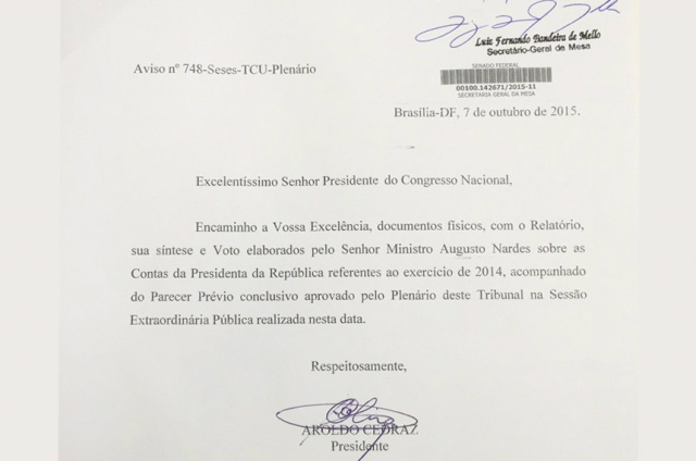 Relatório completo do TCU, com o parecer do ministro Augusto Nardes, chegou às 10h46 ao Senado. Ele será encaminhado agora à Comissão Mista de Orçamento, para análise e votação. (Foto: Divulgação)