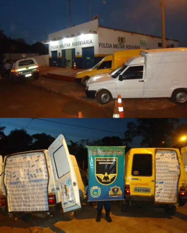  Os militares localizaram abandonados entre uma plantação de milho, dois furgões Fiat/Fiorino, com aproximadamente 5 mil pacotes de cigarros contrabandeados (Foto: Bop Vista Alegre)