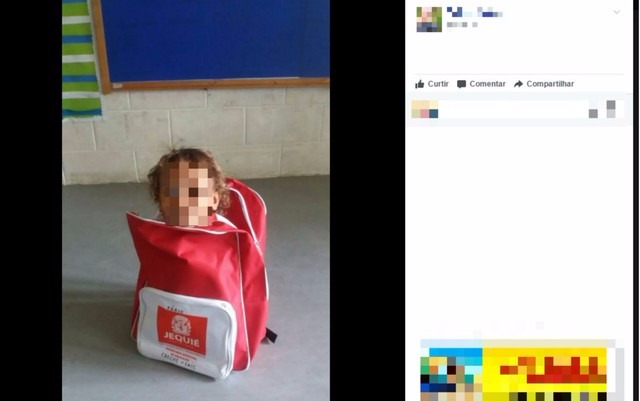 Prefeitura de Jequié, na região sudoeste, entregou mochilas que tem quase o mesmo tamanho de alunos da creche municipal (Foto: Reprodução/Facebook)