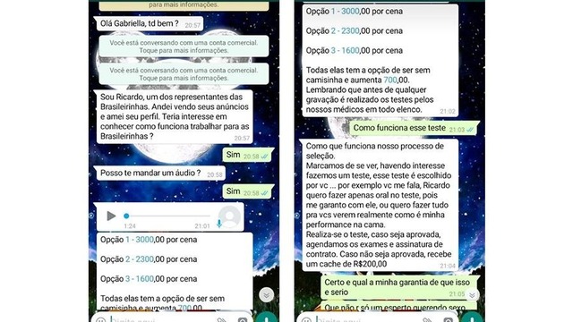 Golpista usa Brasileirinhas para fazer sexo com aspirantes a atriz Mensagens trocadas entre o golpista e uma das candidatas a virar atriz pornô, em São Paulo
Imagem: Reprodução