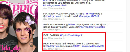 Igor, do BBB11, seria autor do perfil Vida de Gayroto no Twitter