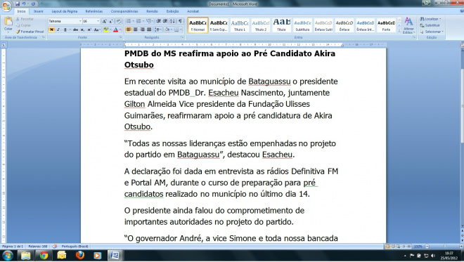 Matéria enviada ao Perfil News no dia 26 de abril onde o autor do e-mail assina a mensagem como da assessoria de imprensa da prefeitura de Bataguassu 