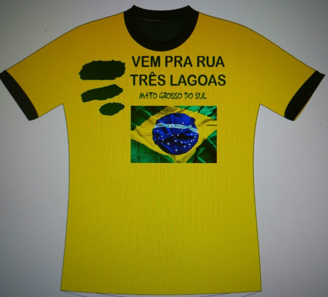 Dia 1° de Abril terá nova manifestação em Três Lagoas Camisetas com o logo do movimento estão sendo confeccionadas para ser distribuídas aos lideres do movimento. Quem se interessar pela camiseta o custo é de r$ 20 (Foto: Divulgação)