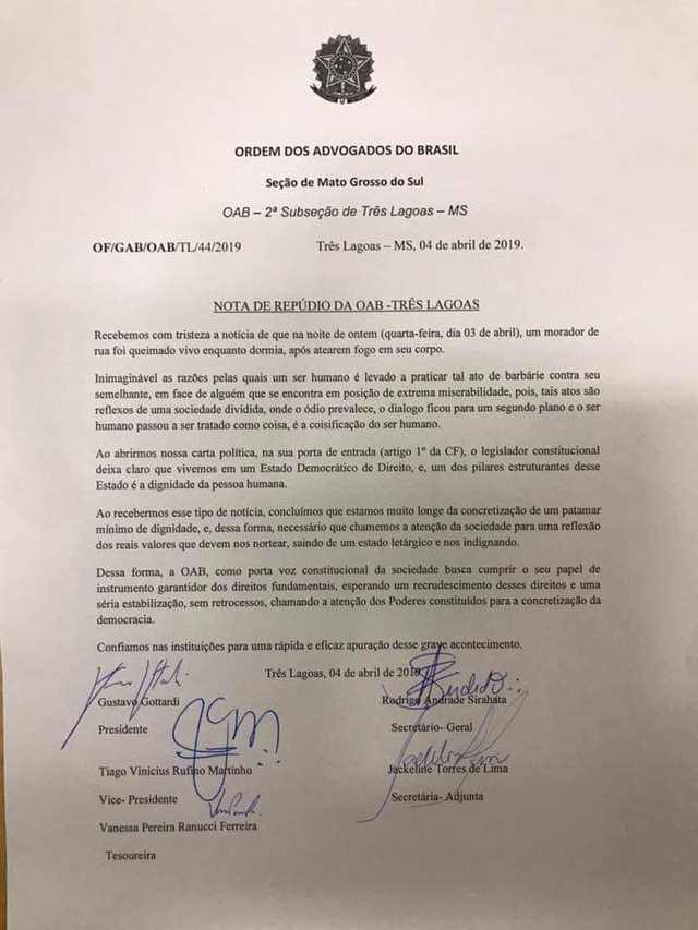 OAB divulga carta de repúdio em relação ao morador de rua queimado vivo em Três Lagoas Nota de Repúdio da OAB. Clique para ampliar