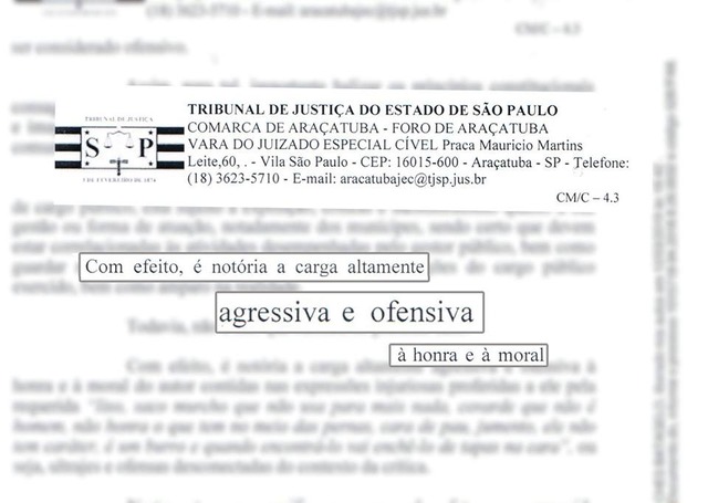 Moradores são condenados após xingar prefeitos nas redes sociais Recorte da sentença, publicado pelo prefeito de Araçatuba, Dilador Borges, em seu facebook. Reprodução