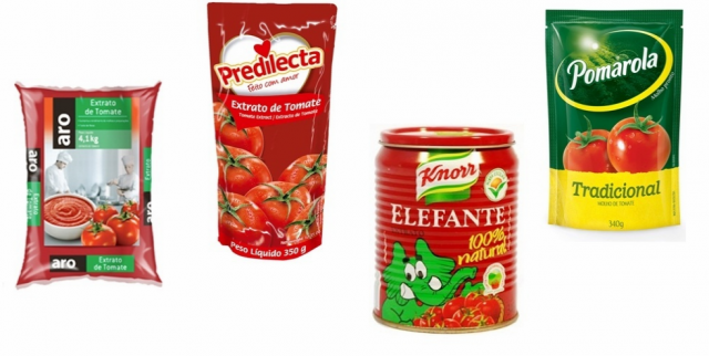 Foi proibida a comercialização e a distribuição de quatro lotes de extrato de tomate das marcas Amorita, Predilecta, Aro e Elefante, além de um lote de molho de tomate tradicional da marca Pomarola por conter pelo de rato (Foto: Divulgação)