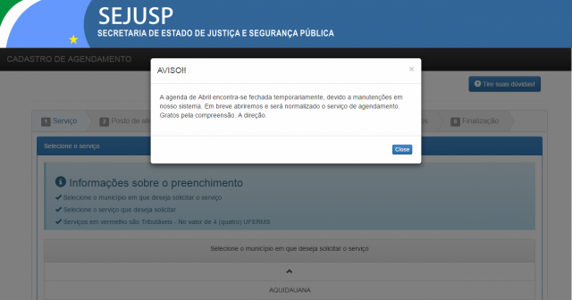 Aviso no site da Sejusp informando que o agendamento do RG está temporariamente suspensa devido à manutenção (Foto: Divulgação/Perfil News)