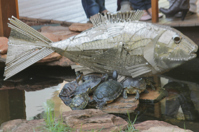 De peixeiros a empresários da gastronomia premiada Escultura na fonte dos desejos é de metal prateado. Cágados e tartarugas, originais, descansam ao pé da escultura.