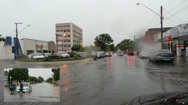 Três Lagoas fica alagada, após pouco mais de uma hora de chuvas fortes e ininterruptas Avenida Capitão Olyntho Mancini, em frente ao prédio da prefeitura. No detalhe um casal teve o carro avariado.(Foto Ricardo Ojeda)