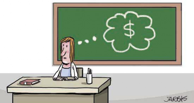 Salário de R$ 2.743 pode ser o novo piso do profissional da educação Charge do artista Jarbas Domingos ilustra a preocupação salarial do profissional da educação (Foto: Divulgação)