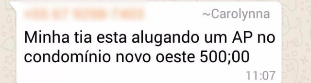 Anúncio feito em um grupo do WhatsApp sobre o aluguel de um dos apartamentos do Novo Oeste. (Foto: Ilustração/ Perfil News)