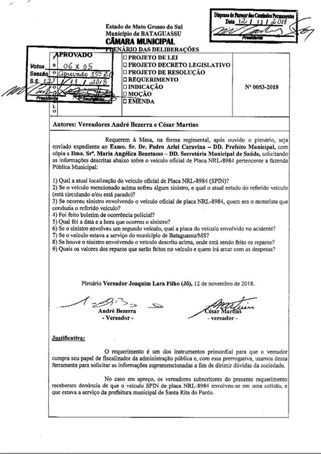 Vereadores de Bataguassu pedem esclarecimentos ao Prefeito por suposto empréstimo de viatura ao município vizinho Requerimento da Câmara dos Vereadores pedindo informações ao prefeito de Bataguassu. Foto: Reprodução