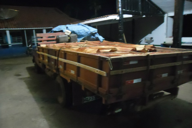 PMA apreende caminhão com carga ilegal de madeira protegida por lei O infrator, de 47 anos, residente em Miranda foi multado em R$ 702,00 (Foto: Divulgação/PMA MS)