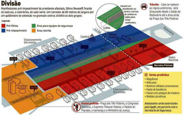Região central de Brasília tem reforço policial e bloqueios no trânsito Medida para evitar provocações entre os grupos durante sessão de julgamento do processo de impeachment (Foto: Correio Braziliense)