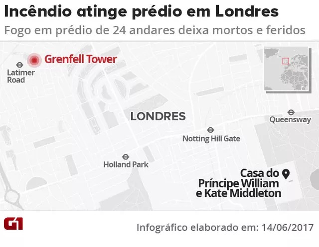 Incêndio atinge prédio de 24 andares e deixa 6 mortos em Londres (Foto: Arte/G1)