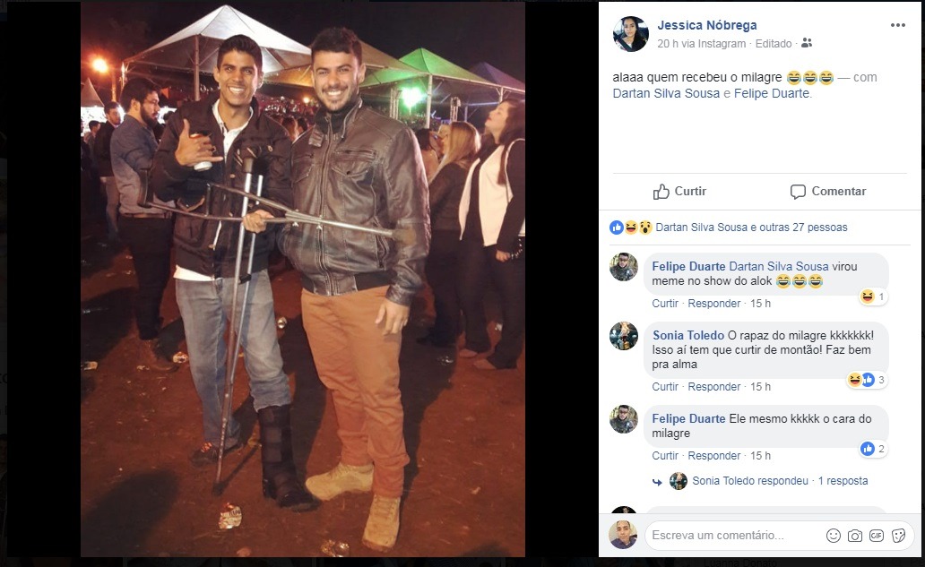 Identificado rapaz que dançou com muletas no show de Alok Dartan ganhou 'fama' nas redes sociais. (Reprodução/Facebook).