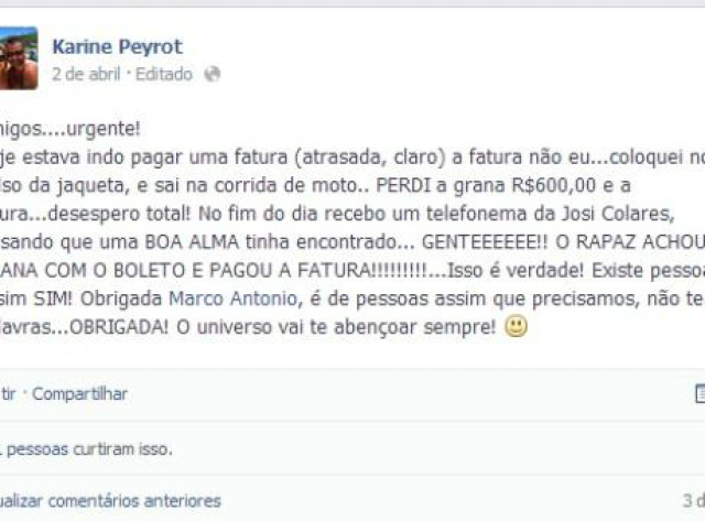 Karine postou uma mensagem de agradecimento a Marco Antonio no Facebook (Foto: Facebook / Reprodução)