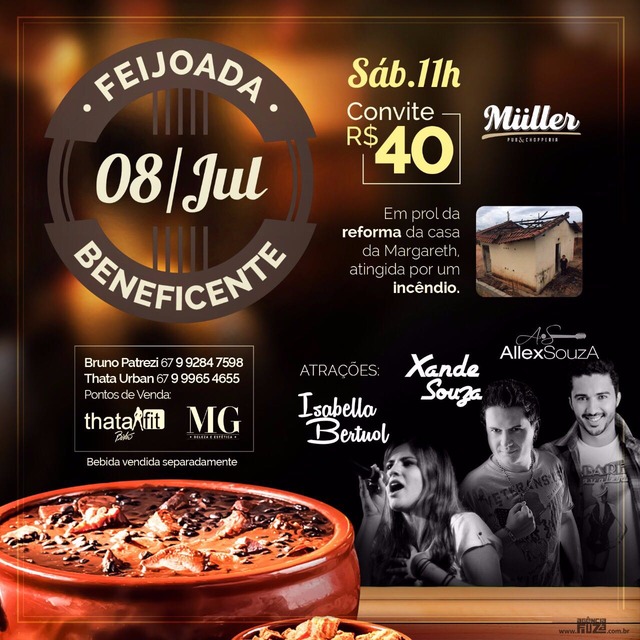 Feijoada beneficente para reerguer casa destruída em incêndio acontece em julho Além da deliciosa feijoada, estão garantidas três atrações musicais para o dia do evento: Isabella Bertuol , Xande Souza e Alex Souza (Imagem: Reprodução)