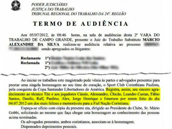 Elogio ao Corinthians ficou registrado no Termo de Audiência. (Foto: Reprodução)