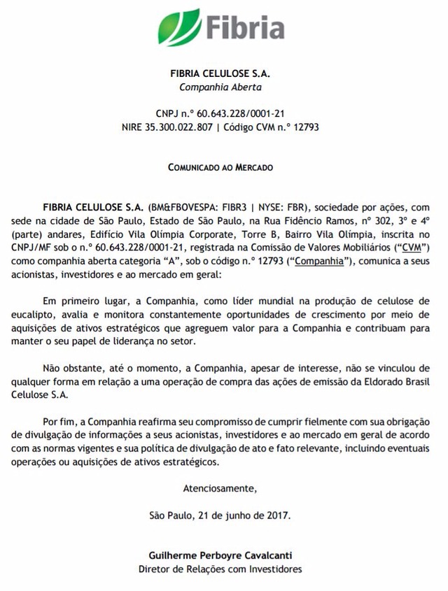 Fibria oficializa interesse pela compra da Eldorado Fibria entrou de vez na briga pela aquisição da Eldorado. Outra interessada no negócio é a chilena Arauco(Foto: Divulgação)