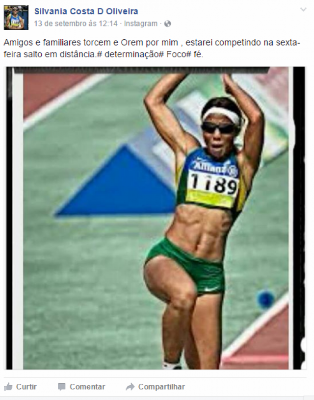 A atleta pede apoio em orações e torcida, em rede social. (Foto: Reprodução Facebook)