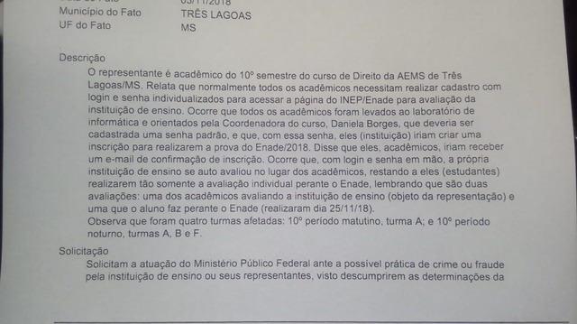 Aluno do curso de Direito denuncia AEMS ao Ministério Público por fraude Perfil News teve acesso ao documento em primeira mão