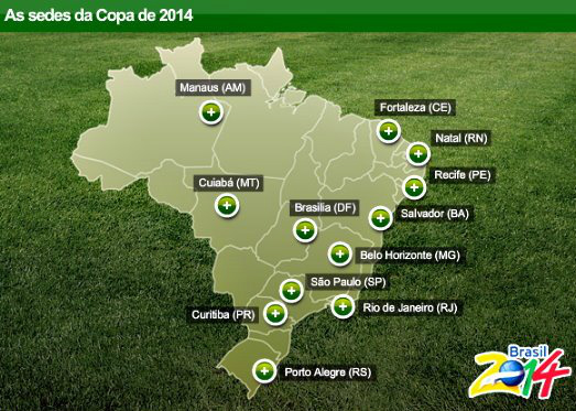 Cidades-sede onde os jogos vão acontecer são divulgadas em Paris As capitais de doze estados brasileiros que sediarão os jogos da Copa do Mundo 2014 (Foto: Google)