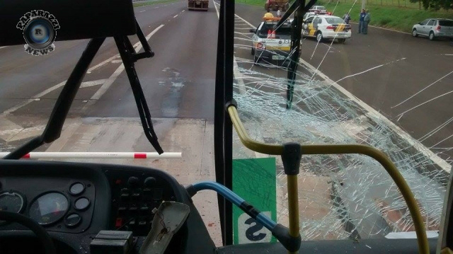Com o impacto, a frente do ônibus foi danificada, inclusive com os vidros quebrados (Foto: Paparazzi News)