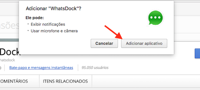 WhatsDock muda visual do WhatsApp e cria janela parecida com o MSN Opção para baixar e instalar o aplicativo WhatsDock no Google Chrome (Foto: Reprodução/Marvin Costa)