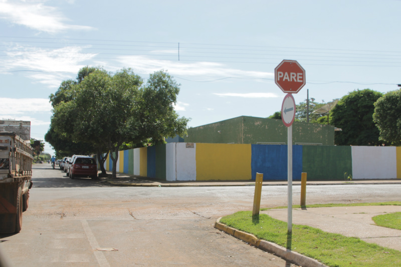 Todo o muro em redor da escola foi pintado com as cores da bandeira brasileira (Foto: Léo Lima)