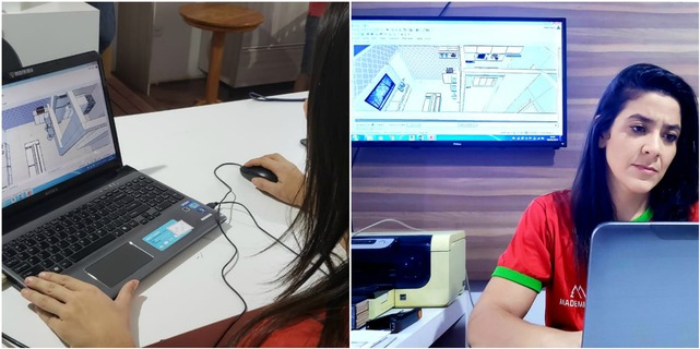 Mademinas contrata arquiteta para desenhar móveis personalizados aos clientes A arquiteta Gabriela Carriço projeta o design dos móveis e um telão ao fundo mostra ao cliente, em tempo real, como ele ficará. Foto: Ricardo Ojeda