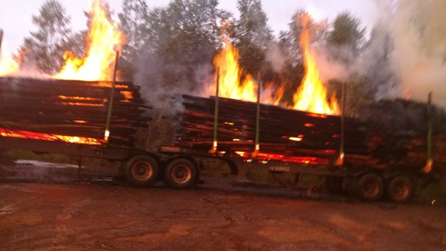Carreta carregada de eucalipto pega fogo na BR-158. Foto: Corpo de Bombeiros