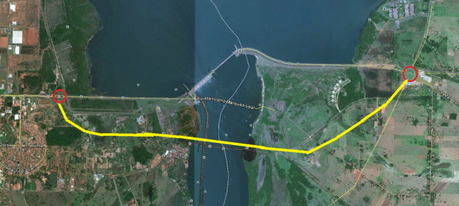 Esboço do traçado (em amarelo) que vai servir de via de acesso à ponte. No detalhe em vermelho o trevo em Três Lagoas e Castilho, onde inicia a Marechal Rondon 