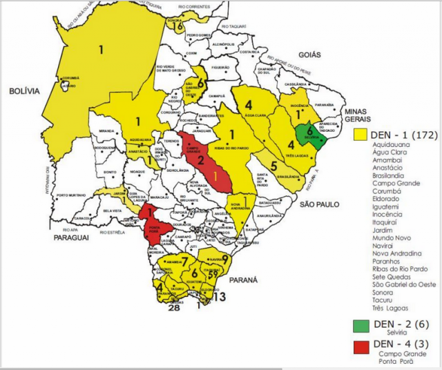 Dengue avança no Estado e Bolsão tem nove cidades com alta incidência Situação da dengue em Mato Grosso do Sul (Foto: Ilustração/SES)
