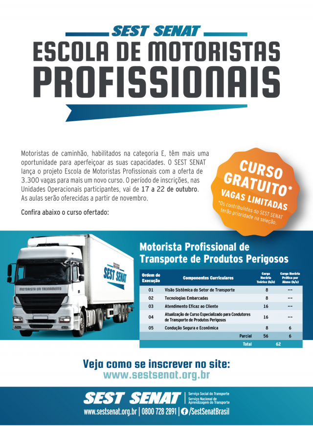 SEST SENAT lança escola de motoristas profissionais com vagas para Três Lagoas Os conteúdos aliam teoria e prática e trabalham temas como visão sistêmica do setor, condução segura e econômica, transporte de pessoas com deficiência e atendimento eficaz ao cliente. Os treinamentos práticos serão realizados em veículos com tecnologia embarcada. (Foto: Divulgação)
