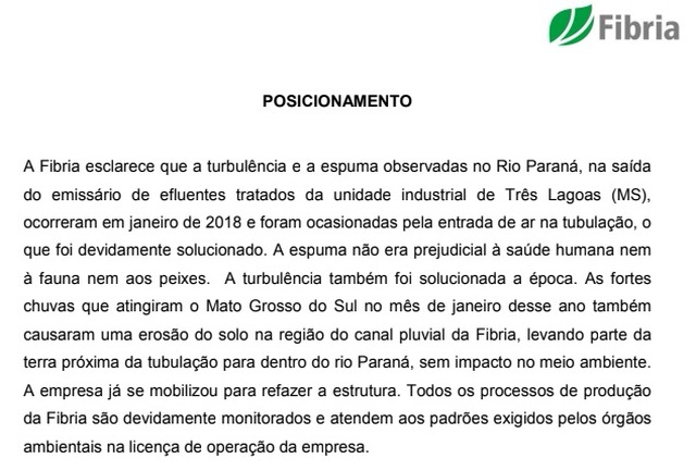 Fibria esclarece vídeo que denuncia crime ambiental no Rio Paraná Fibria esclarece vídeo que denuncia crime ambiental no Rio Paraná