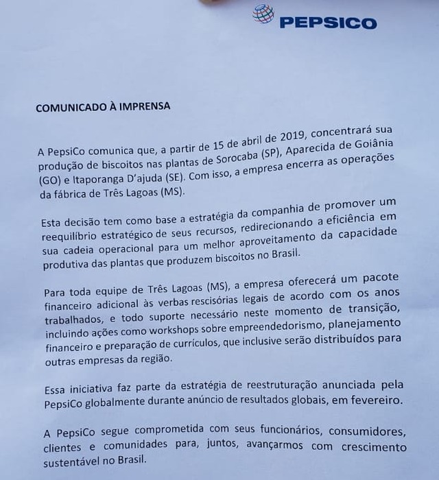 Mabel fecha fábrica de Três Lagoas e comunica demissões Comunicado entregue aos funcionários hoje de manhã. Clique para ampliar.