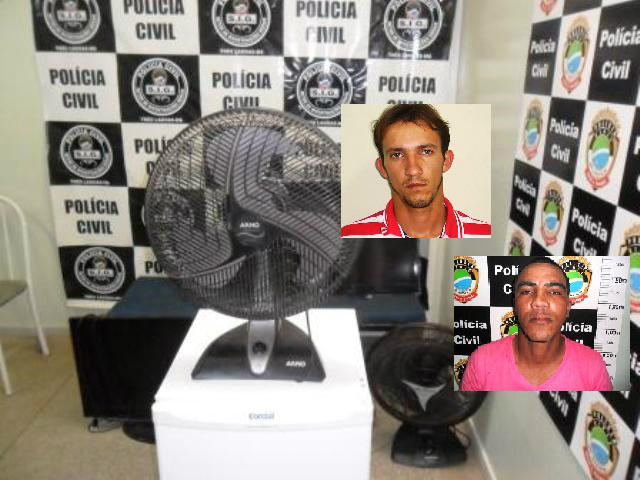 Parte dos produtos furtados apreendidos e os dois homens presos pela ação do SIG (Foto: Divulgação)