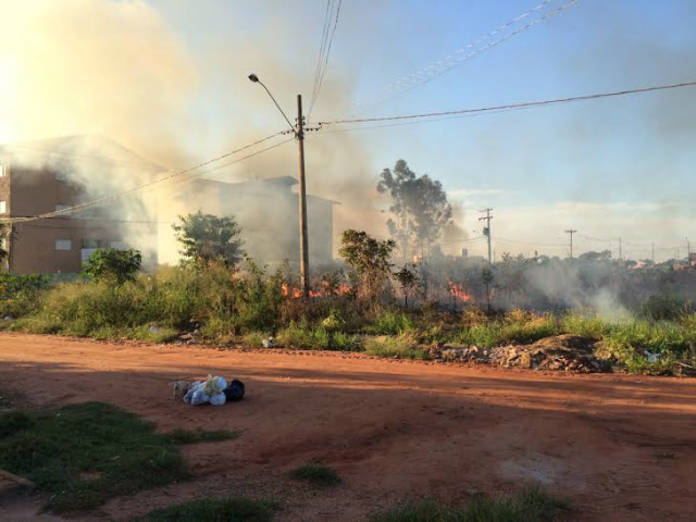 Ao fundo o condomínio de aparatamentos, ameaçado pelas chamas do incêndio na mata (Foto: Internauta)